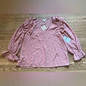 Blu Pepper V Neck Sheer Dotted Blouse Ruffles 3/4 Sleeve Peach L NWT